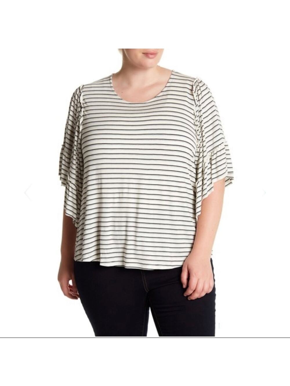 bobeau Black & White Striped Flutter Sleeve Tee
